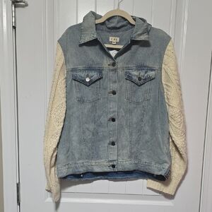 POL Blue Denim Jacket with Cream Knit Sleeves